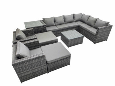 Fimous Outdoor Pe Rattan Garden Furniture Sofa Set With Square Coffee Table 2 Big Stools Side Table Dark Grey - image 1