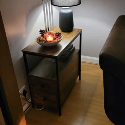 Rustic Brown Industrial Narrow Side Table 2 Drawers Storage End Shelf - image 1