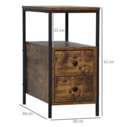 Rustic Brown Industrial Narrow Side Table 2 Drawers Storage End Shelf - thumbnail 2