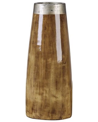 Beliani Handmade Terracotta Decorative Vase Dark Brown 20 X 50 Cm With Distressed Silver Accent - image 1