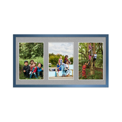 AK Frames 40X20Cm Navy Blue Sleek Multi Photo Frame With Silver Mount - Holds 3 Apertures (3X) 6X4 Photos - image 1