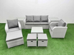 Fimous Pe Rattan Garden Furniture Set Reclining Chair Sofa Lounge Sofa Set Square Coffee Table 2 Side Table 3 Stools Light Grey - thumbnail 1