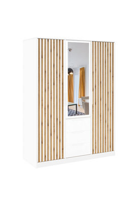 Arte Bali Lux 3-Door Wardrobe - Oak Wotan & White Matt With Mirror And Decorative Lamellas - image 1