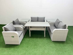 Fimous 6 Seater Outdoor Reclining Chair Love Sofa Set Rattan Garden Furniture Set 2 Side Tables Light Grey - thumbnail 1