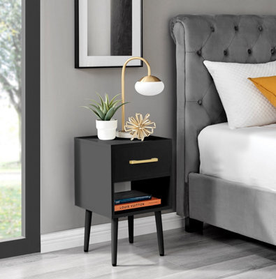 Furniturebox Taylor Black Painted Wooden Bedside Table With 1 Drawer Plus Shelf And Gold Handles - image 1
