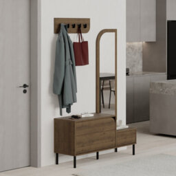Decortie Modern Mila Coat Stand Set With Mirror And 2-Door Shoe Cabinet With 5 Metal Hooks Hanger 1.72(H)Cm Dark Oak Effect