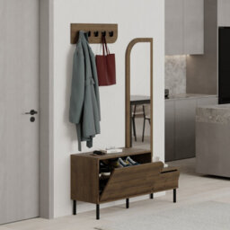 Decortie Modern Mila Coat Stand Set With Mirror And 2-Door Shoe Cabinet With 5 Metal Hooks Hanger 1.72(H)Cm Dark Oak Effect - thumbnail 5
