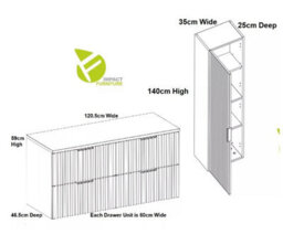 Impact Furniture Bathroom Cabinets Set Black Wall Hung Double Vanity Unit With Countertop 1200mm Drawers And Tallboy Ribbed Fluted Adel - thumbnail 9