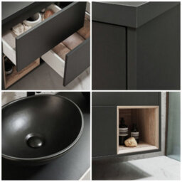 Homestylestore Black Grey 1200mm Wall Hung Bathroom Vanity Unit Oval Graphite Countertop Basins Open Shelves - thumbnail 2