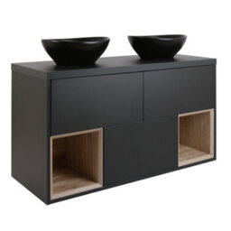 Homestylestore Black Grey 1200mm Wall Hung Bathroom Vanity Unit Oval Graphite Countertop Basins Open Shelves - thumbnail 1