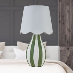 First Choice Lighting Connie - Green And White Stripe Ceramic Table Lamp With Scallop Shade - thumbnail 4