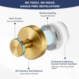 Suction Cup Towel Hooks For Bathroom Glass Mirror, Brushed Gold Premium Stainless Steel Rustproof Wall Hangers For Mirrors Windows - thumbnail 4