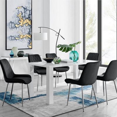 Furniturebox Uk Pivero 6 White Dining Table And 6 Black Pesaro Silver Leg Chairs - image 1
