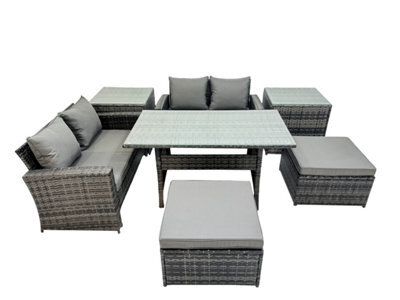 Fimous 6 Seater Wicker Pe Rattan Furniture Outdoor Dining Table Double Seat Sofa 2 Side Table 2 Big Stools Set Dark Grey Mixed - image 1
