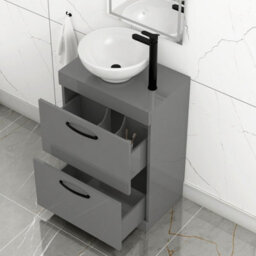 Royal Bathrooms 600mm Floor Standing Vanity Unit 2 Drawer Indigo Grey Gloss & Countertop Basin - Breeze With Matt Black Handle - thumbnail 3