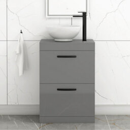 Royal Bathrooms 600mm Floor Standing Vanity Unit 2 Drawer Indigo Grey Gloss & Countertop Basin - Breeze With Matt Black Handle - thumbnail 1