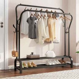 Heavy Duty Clothes Rail Black, Strong & Sturdy Metal Black  Coat Hanger With Shoe Rack And Shelves One Count