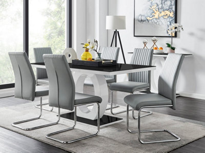 Furniturebox Giovani Rectangular 6 Seat White High Gloss Halo Structural Dining Table Black Glass Top 6 Grey Faux Leather Lorenzo Chairs - image 1
