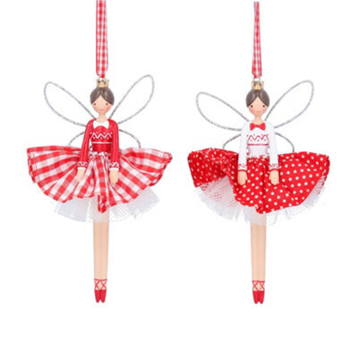 Gisela Graham Christmas Set Of Two Polka Dot Fairy Tree Decorations, 14 X 7.5 Cm, Red Gingham And Polka Dot Pair
