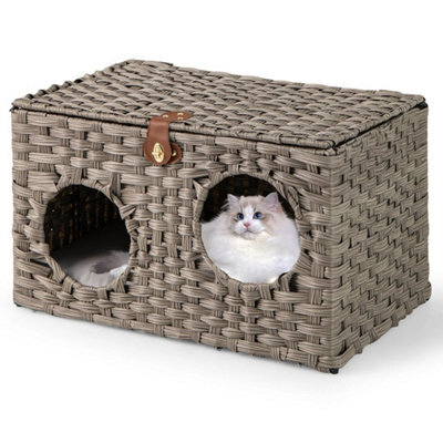 Foldable Cat Bed Large Rattan Kitten Condo House W/ Soft Cushion - image 1