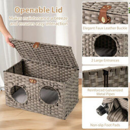Foldable Cat Bed Large Rattan Kitten Condo House W/ Soft Cushion - thumbnail 4