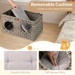 Foldable Cat Bed Large Rattan Kitten Condo House W/ Soft Cushion - thumbnail 5