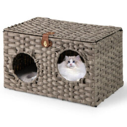 Foldable Cat Bed Large Rattan Kitten Condo House W/ Soft Cushion - thumbnail 1