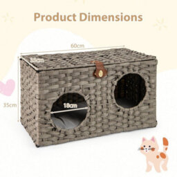 Foldable Cat Bed Large Rattan Kitten Condo House W/ Soft Cushion - thumbnail 2