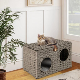 Foldable Cat Bed Large Rattan Kitten Condo House W/ Soft Cushion - thumbnail 3