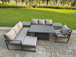 Fimous Aluminium Garden Furniture Sets,8 Seater With Rising Table 2 Side Tables Big Footstool For Yard,poolside, Patio, Dark Grey - thumbnail 2