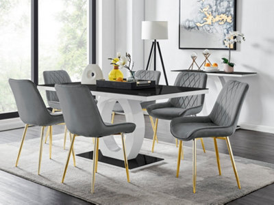 Furniturebox Giovani Rectangular 6 Seat White High Gloss Unique Halo Base Dining Table Black Glass Top 6 Grey Velvet Gold Leg Pesaro Chairs - image 1