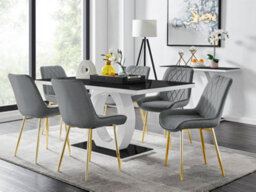 Furniturebox Giovani Rectangular 6 Seat White High Gloss Unique Halo Base Dining Table Black Glass Top 6 Grey Velvet Gold Leg Pesaro Chairs