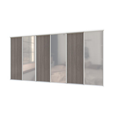 A-Class Sliding Doors Set Of 6 Dark Oak & Mirror Sliding Wardrobe Door Kit, White Frame & Tracks, Opening Height (H) 225-226Cm & Width (W) 354-355Cm - image 1