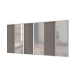 A-Class Sliding Doors Set Of 6 Dark Oak & Mirror Sliding Wardrobe Door Kit, White Frame & Tracks, Opening Height (H) 225-226Cm & Width (W) 354-355Cm - thumbnail 1
