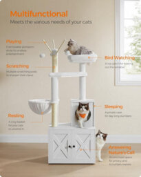 Songmics Cat Tree With Litter Box Enclosure, 2-In-1 Modern Cat Tower, Cat Condo With Scratching Posts, Pompom Sticks, Cloud White - thumbnail 3
