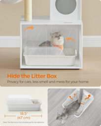 Songmics Cat Tree With Litter Box Enclosure, 2-In-1 Modern Cat Tower, Cat Condo With Scratching Posts, Pompom Sticks, Cloud White - thumbnail 4