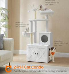 Cat Tree With Litter Box Enclosure, 2-In-1 Modern Cat Tower, Cat Condo With Scratching Posts, Pompom Sticks, Cloud White