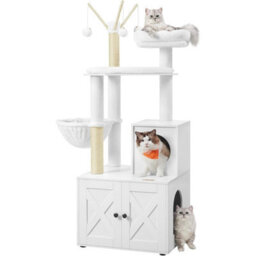 Songmics Cat Tree With Litter Box Enclosure, 2-In-1 Modern Cat Tower, Cat Condo With Scratching Posts, Pompom Sticks, Cloud White - thumbnail 7