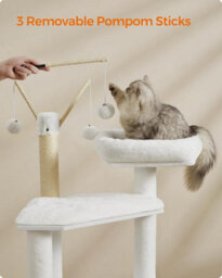 Songmics Cat Tree With Litter Box Enclosure, 2-In-1 Modern Cat Tower, Cat Condo With Scratching Posts, Pompom Sticks, Cloud White - thumbnail 5