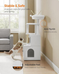 Songmics Cat Tree With Litter Box Enclosure, 2-In-1 Modern Cat Tower, Cat Condo With Scratching Posts, Pompom Sticks, Cloud White - thumbnail 6