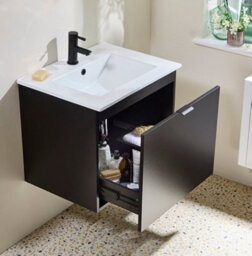 Homestylestore 600mm Black Grey Wall Hung Bathroom Vanity Unit And Black Finger Pull Handle - thumbnail 3