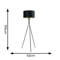 Valuelights Camden Black Tripod Floor Lamp With Velvet/gold Shade And Bulb - thumbnail 4