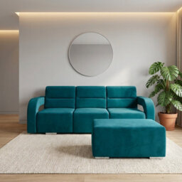 Upholstered Living Room Sofa Bed With Ottoman Foam Filling Wavy Springs Plastic Legs Wooden Frame Turquoise