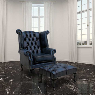 Chesterfield High Back Wing Chair + Footstool Antique Blue Leather In Queen Anne Style - image 1