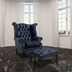 Chesterfield High Back Wing Chair + Footstool Antique Blue Leather In Queen Anne Style - thumbnail 1