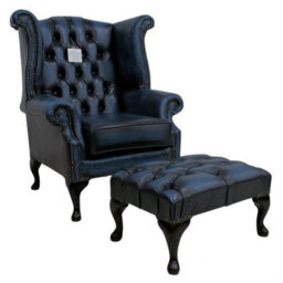 Chesterfield High Back Wing Chair + Footstool Antique Blue Leather In Queen Anne Style - thumbnail 2