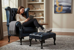 Chesterfield High Back Wing Chair + Footstool Antique Blue Leather In Queen Anne Style - thumbnail 3