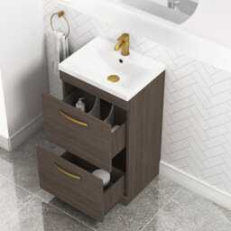 Royal Bathrooms Turin Grey Elm 500mm Floor Standing Vanity Unit 2 Drawer With Mid-Edge Basin Sink & Brushed Brass Handles - thumbnail 5