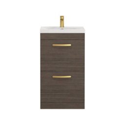 Royal Bathrooms Turin Grey Elm 500mm Floor Standing Vanity Unit 2 Drawer With Mid-Edge Basin Sink & Brushed Brass Handles - thumbnail 6