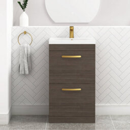 Royal Bathrooms Turin Grey Elm 500mm Floor Standing Vanity Unit 2 Drawer With Mid-Edge Basin Sink & Brushed Brass Handles